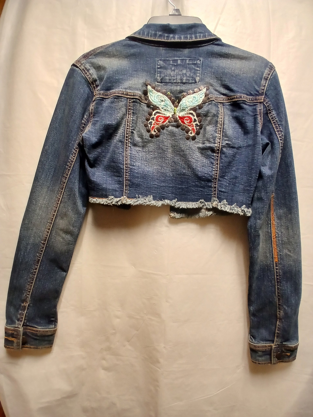 Younique Cropped Embroidered Butterfly Denim Jacket - Blue